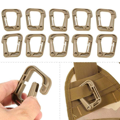 Collection of ten D-Ring Molle clips, heavy-duty webbing attachments for outdoor use