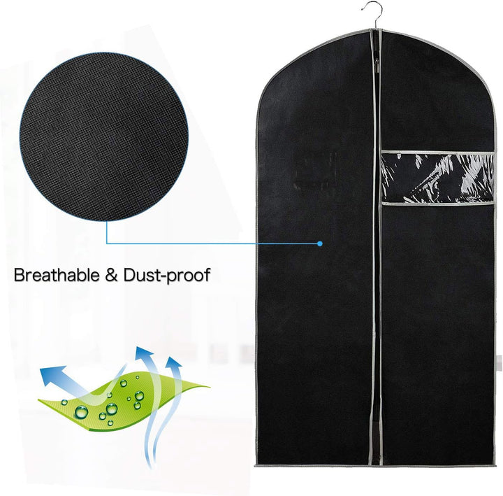 Wardrobe protection: 10-pack breathable garment dust covers for suit, dress, and seasonal clothing storage.