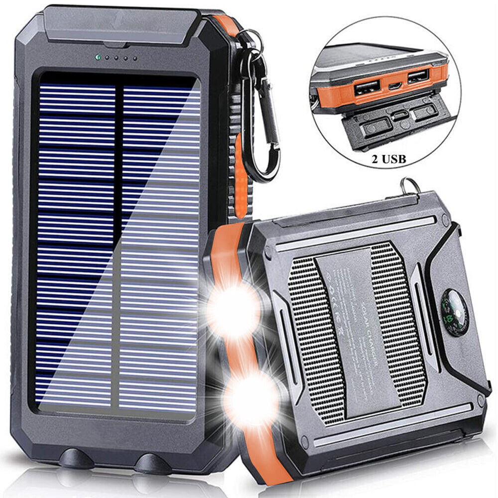 10000mAh solar power bank, dual USB ports, LED light, ideal for outdoor charging & camping