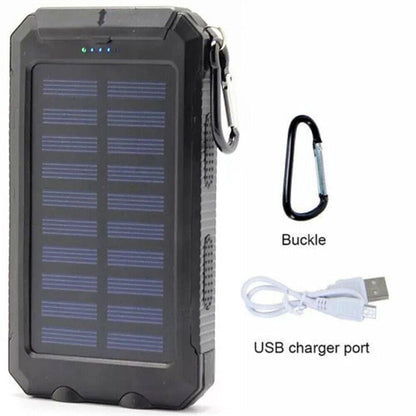 Versatile 10000mAh solar charger, dual USB outputs, and powerful LED light for emergencies