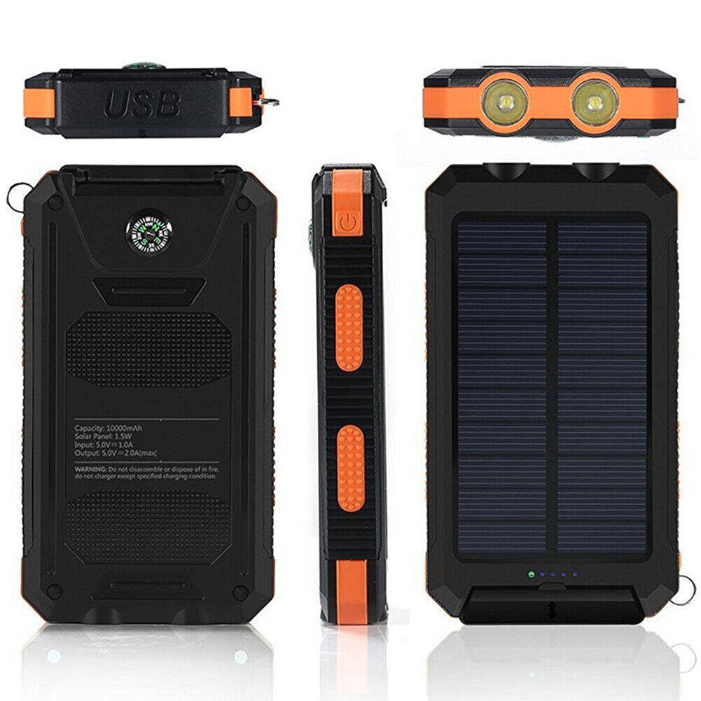 Portable 10000mAh solar charger with dual USB outputs for phones and tablets, black finish