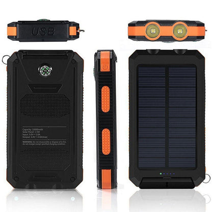 Portable 10000mAh solar charger with dual USB outputs for phones and tablets, black finish