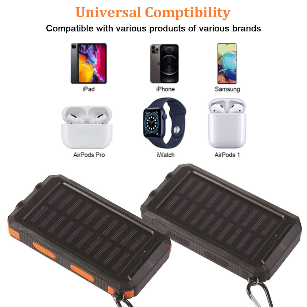 Compact 10000mAh solar power bank, camping accessory with dual USB and useful LED light