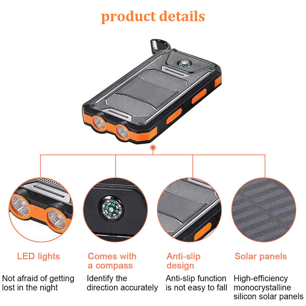 Shockproof 10000mAh solar charger with LED flashlight, perfect for hiking and outdoor use