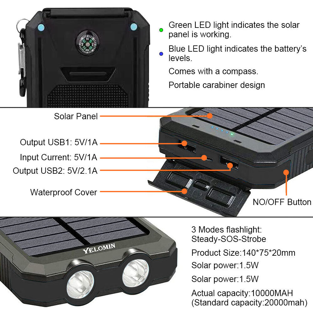 Efficient 10000mAh solar power bank, dual USB portable charger, green indicator lights