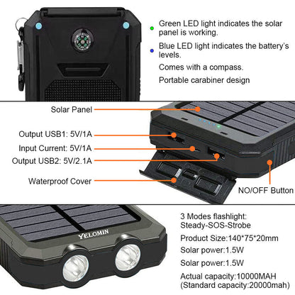 Efficient 10000mAh solar power bank, dual USB portable charger, green indicator lights
