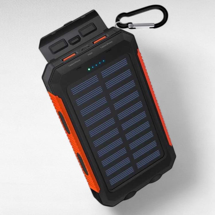 Portable solar power bank 10000mAh for camping & survival, charges phones fast