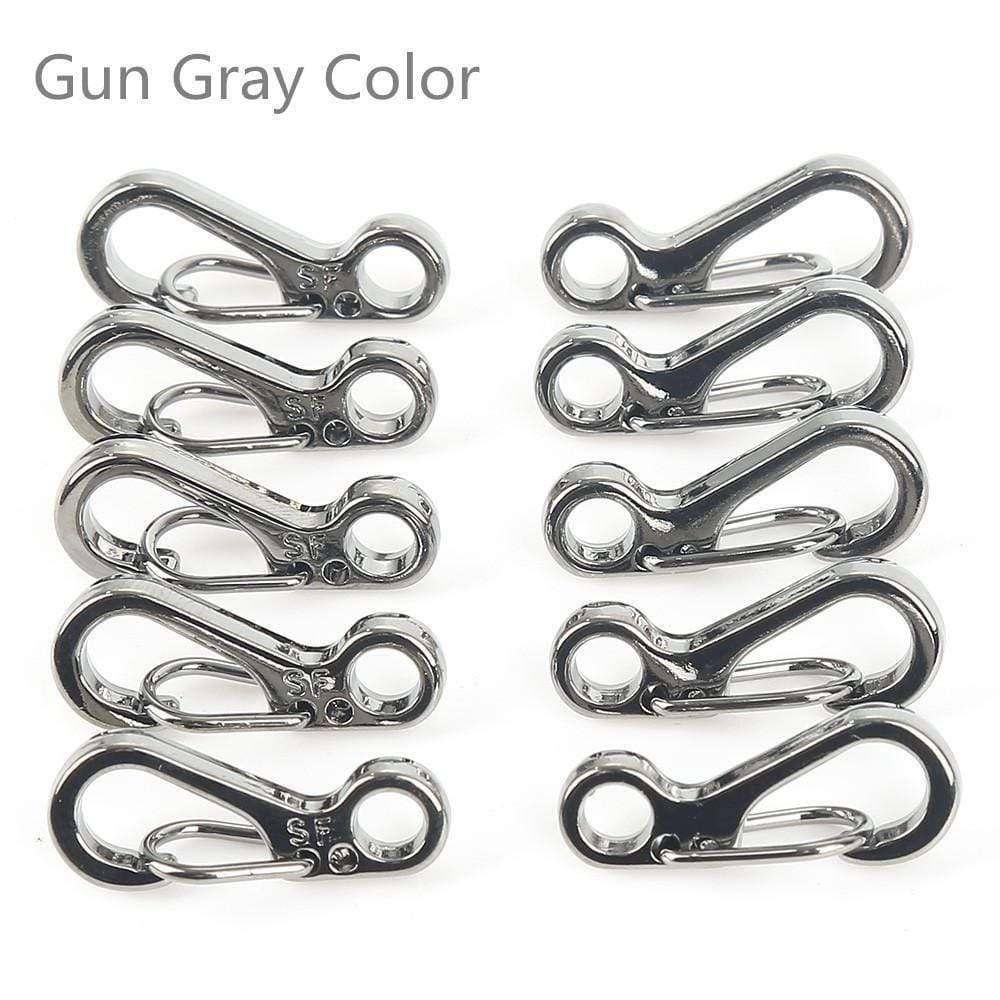 Close-up of a mini SF spring clasp, showing durable design for backpack clips and tactical use