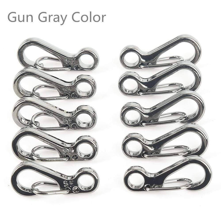 Close-up of a mini SF spring clasp, showing durable design for backpack clips and tactical use