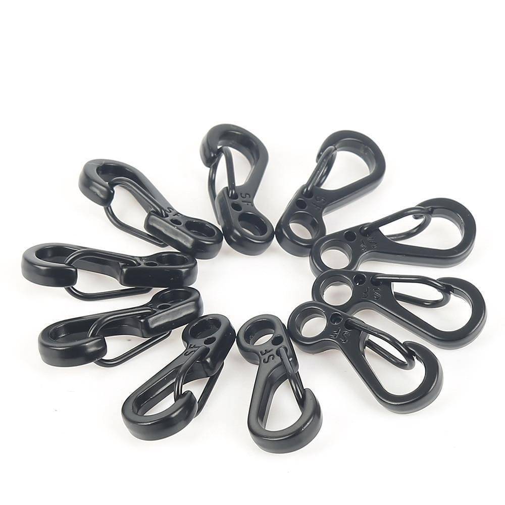 Display of 10 mini SF spring clasps, metallic silver, suitable for various outdoor and tactical needs