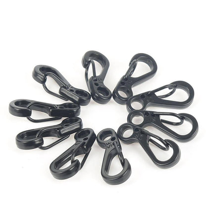 Display of 10 mini SF spring clasps, metallic silver, suitable for various outdoor and tactical needs