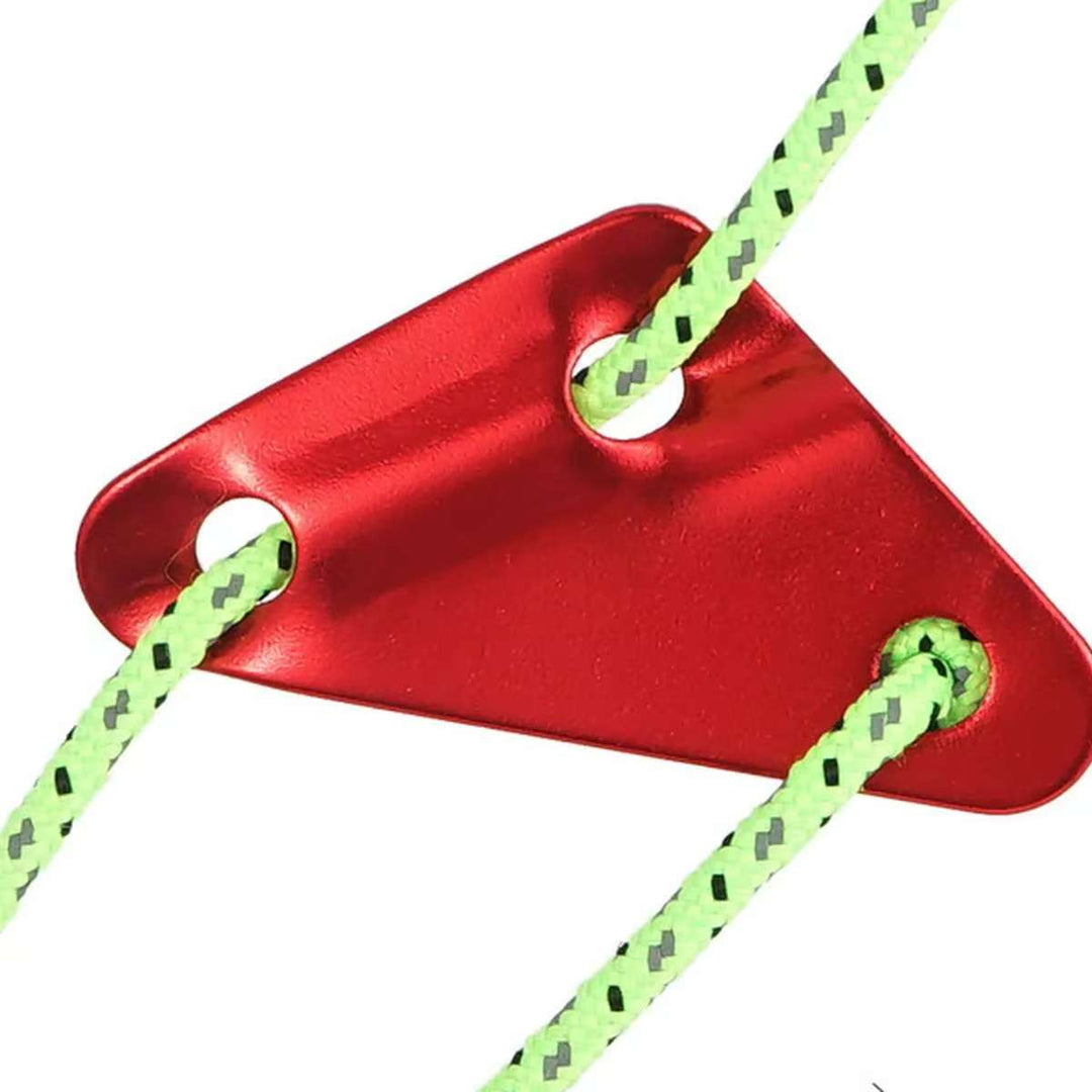 Lightweight and durable red aluminum rope tensioner, ideal for securing camping tents in outdoor settings
