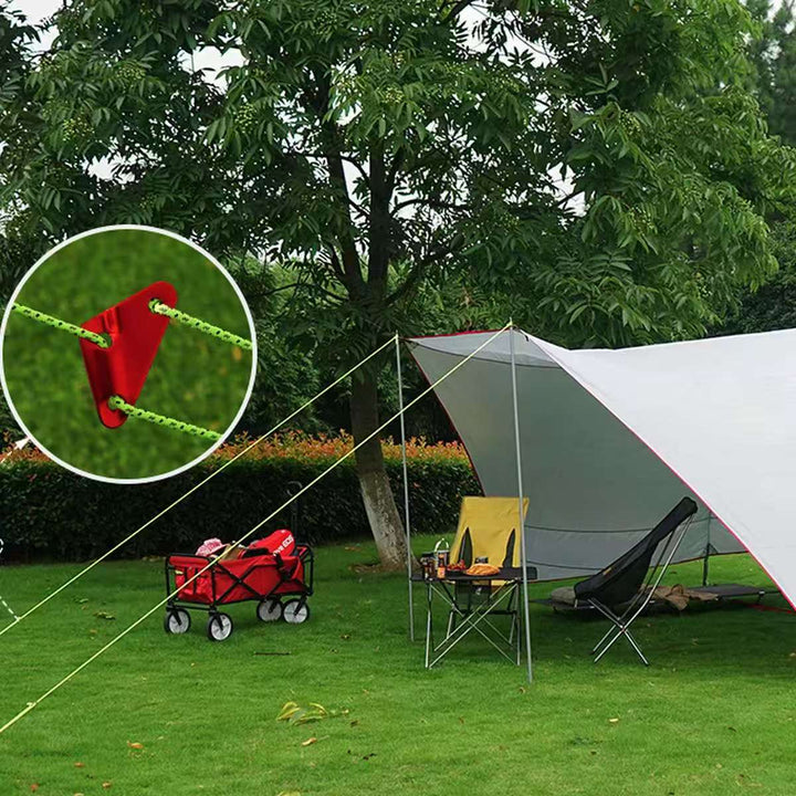 Durable red aluminum tensioner, part of a 12-pack for camping, backpacking, and outdoor adventures