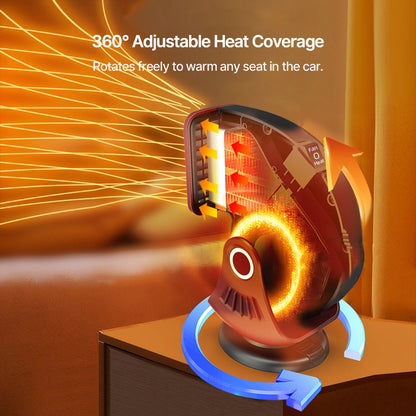 Side profile of a portable 12V car heater, perfect for demisting windshields and providing warmth
