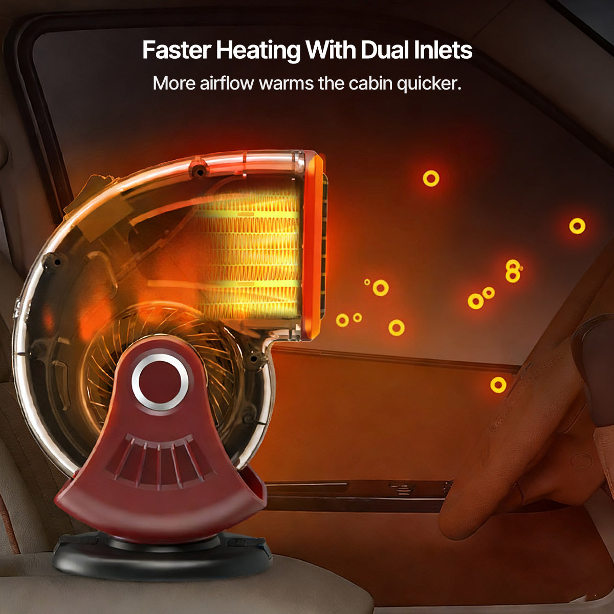 Packaging for a 12V car heater and defroster, highlighting 'Rapid Heat' and 'Dual Mode' features