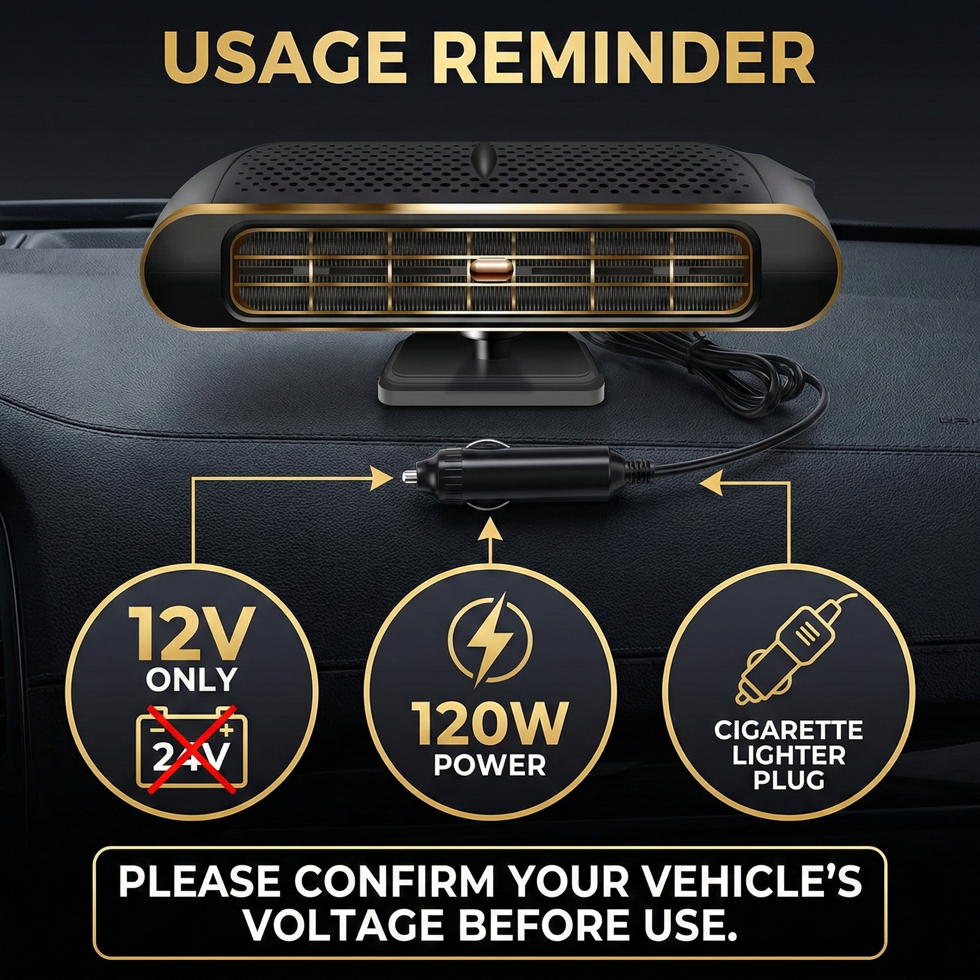 Top-down view of 12V car heater, showcasing controls for instant defrost and auto warmth