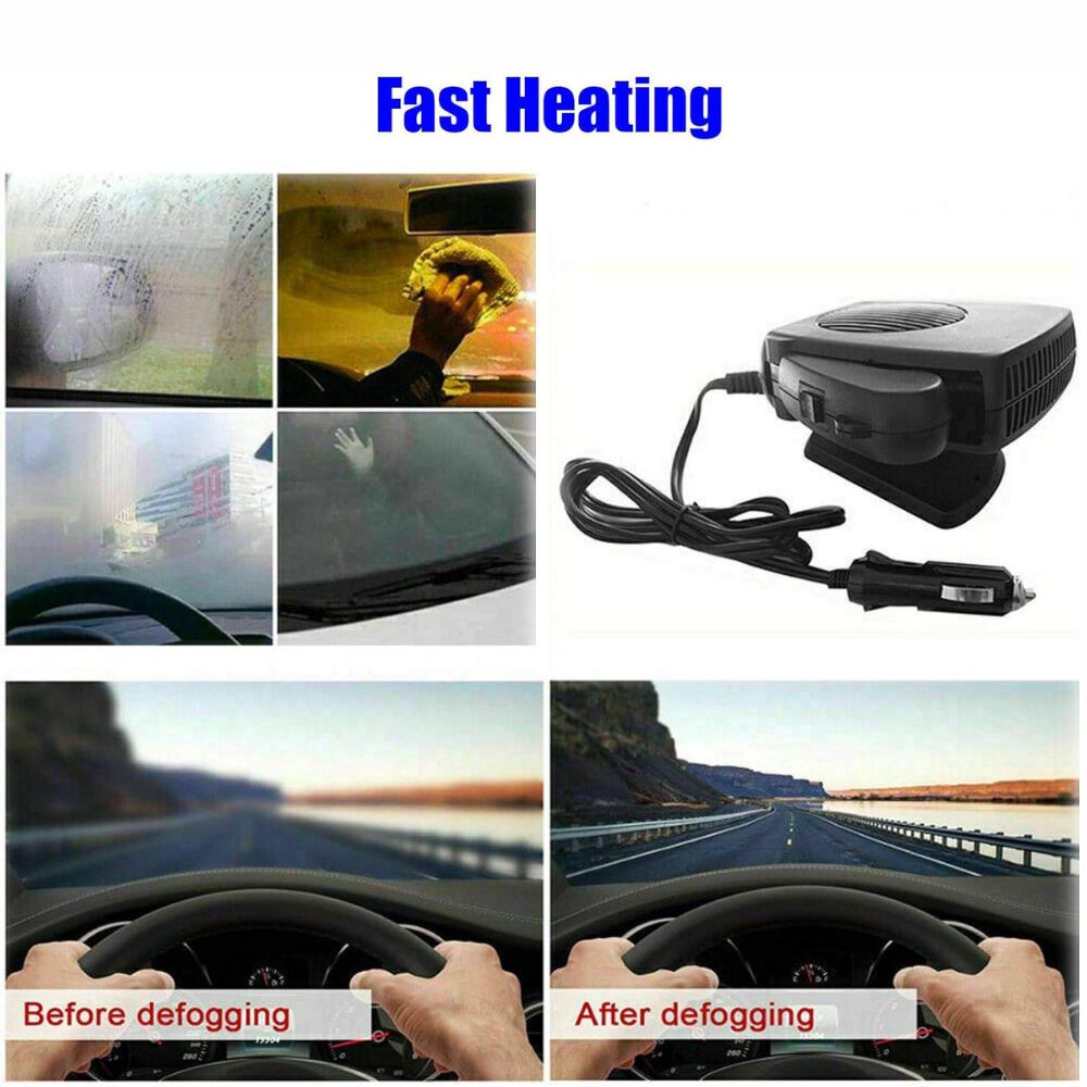 Portable 12V car fan heater, ideal for winter driving. Provides instant warmth & helps defrost icy windows.