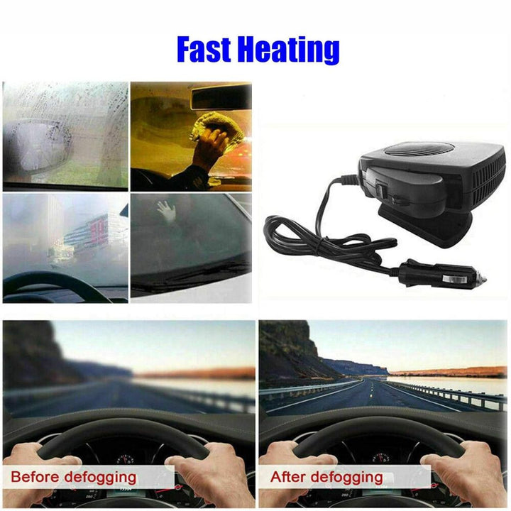 Portable 12V car fan heater, ideal for winter driving. Provides instant warmth & helps defrost icy windows.