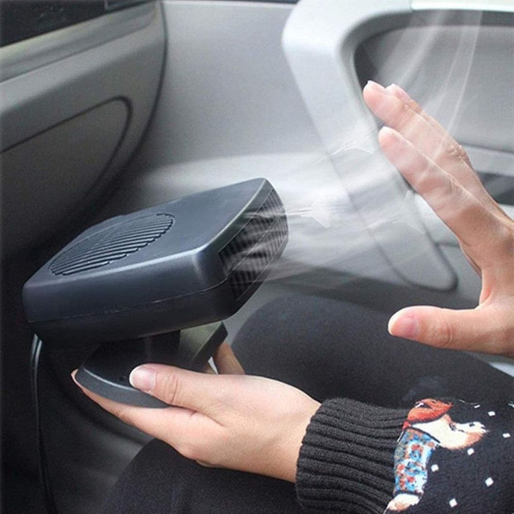 Compact 12V ceramic heater fan for cars. Powerful 150W/300W quickly defrosts windows and heats vehicle cabin.