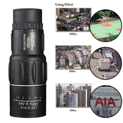 Compact 16x52 monocular scope, super clear optics for bird watching and distant viewing. Dual focus.