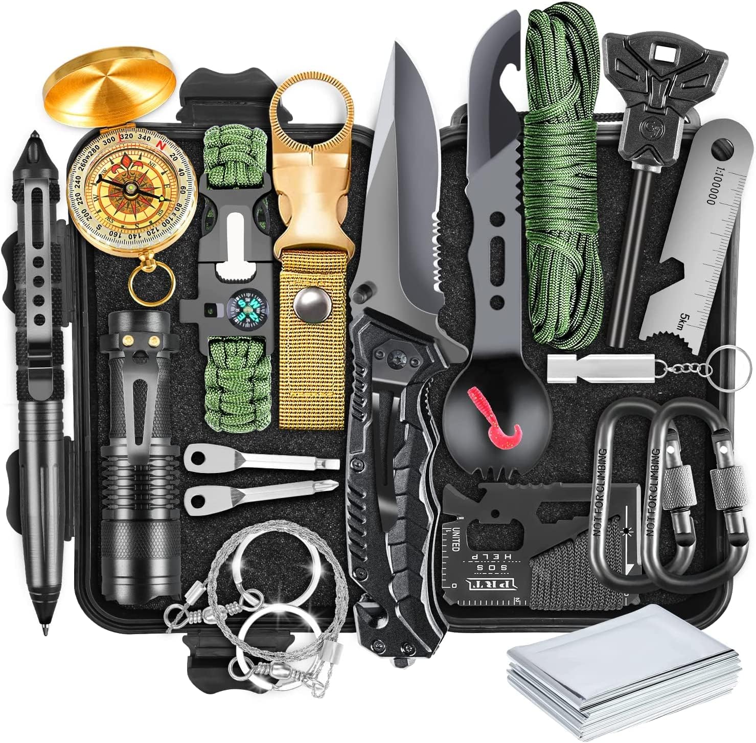 19-in-1 compact survival kit in waterproof case, ideal for camping & hiking emergencies