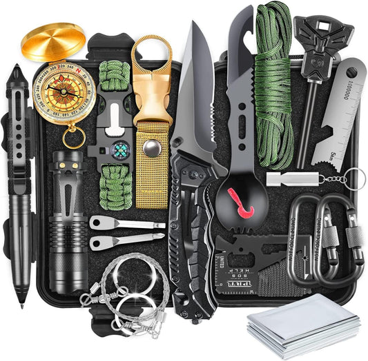 19-in-1 compact survival kit in waterproof case, ideal for camping & hiking emergencies