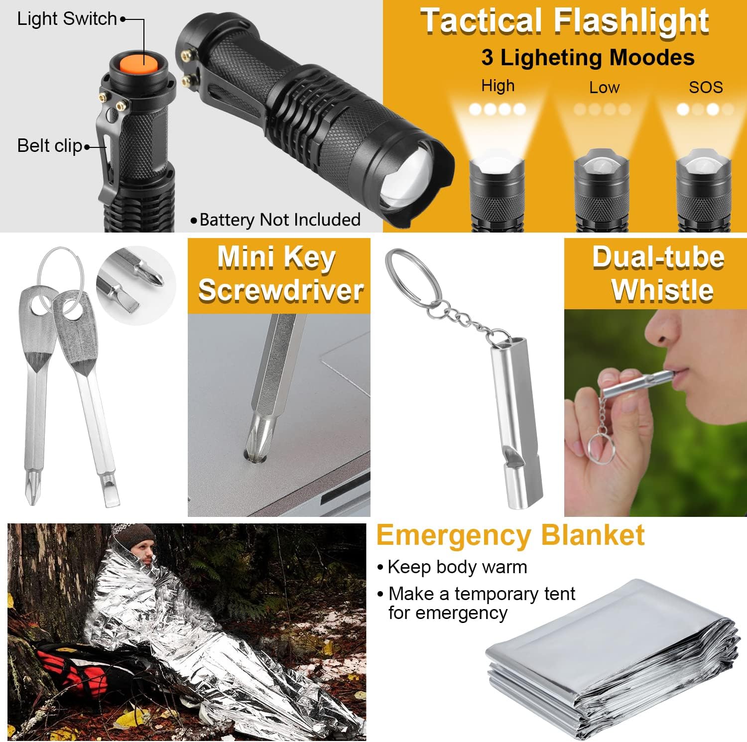 Compact survival kit, 19 tools for camping, hiking, and emergency preparedness