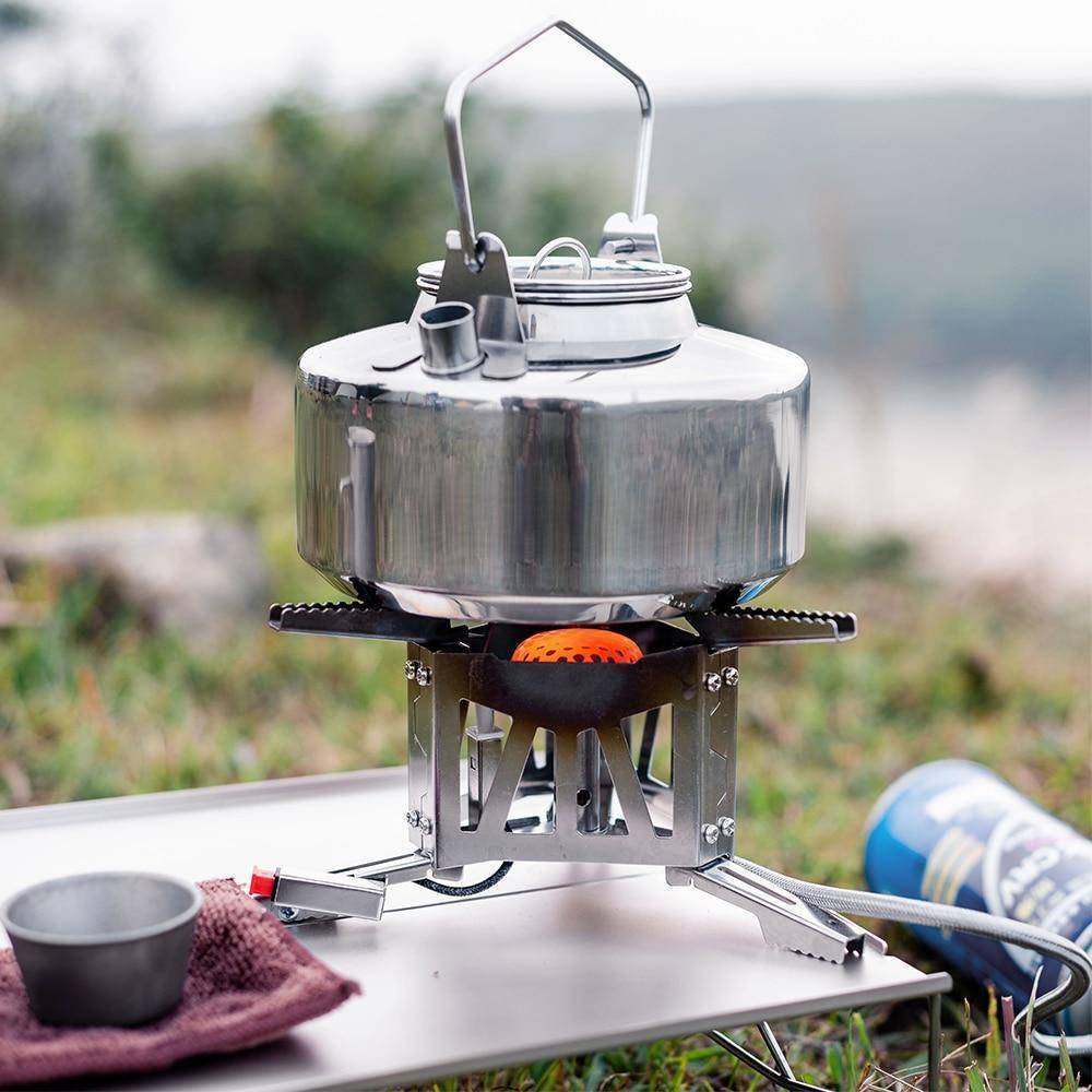 1L stainless steel camping kettle with a matte finish, perfect for outdoor cooking and camping.