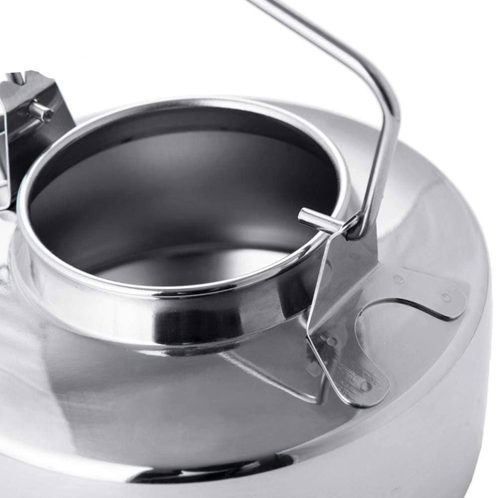 Sleek stainless steel camping kettle, a must-have for camp cooking and outdoor tea breaks.