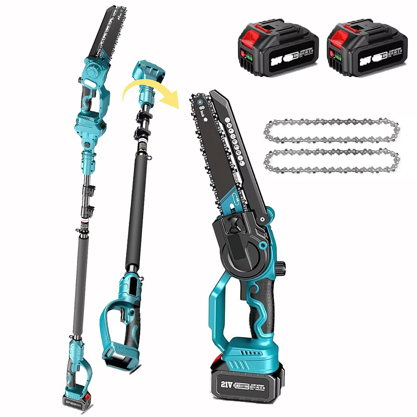 2-in-1 cordless electric pole saw & chainsaw for versatile tree trimming and pruning tasks.