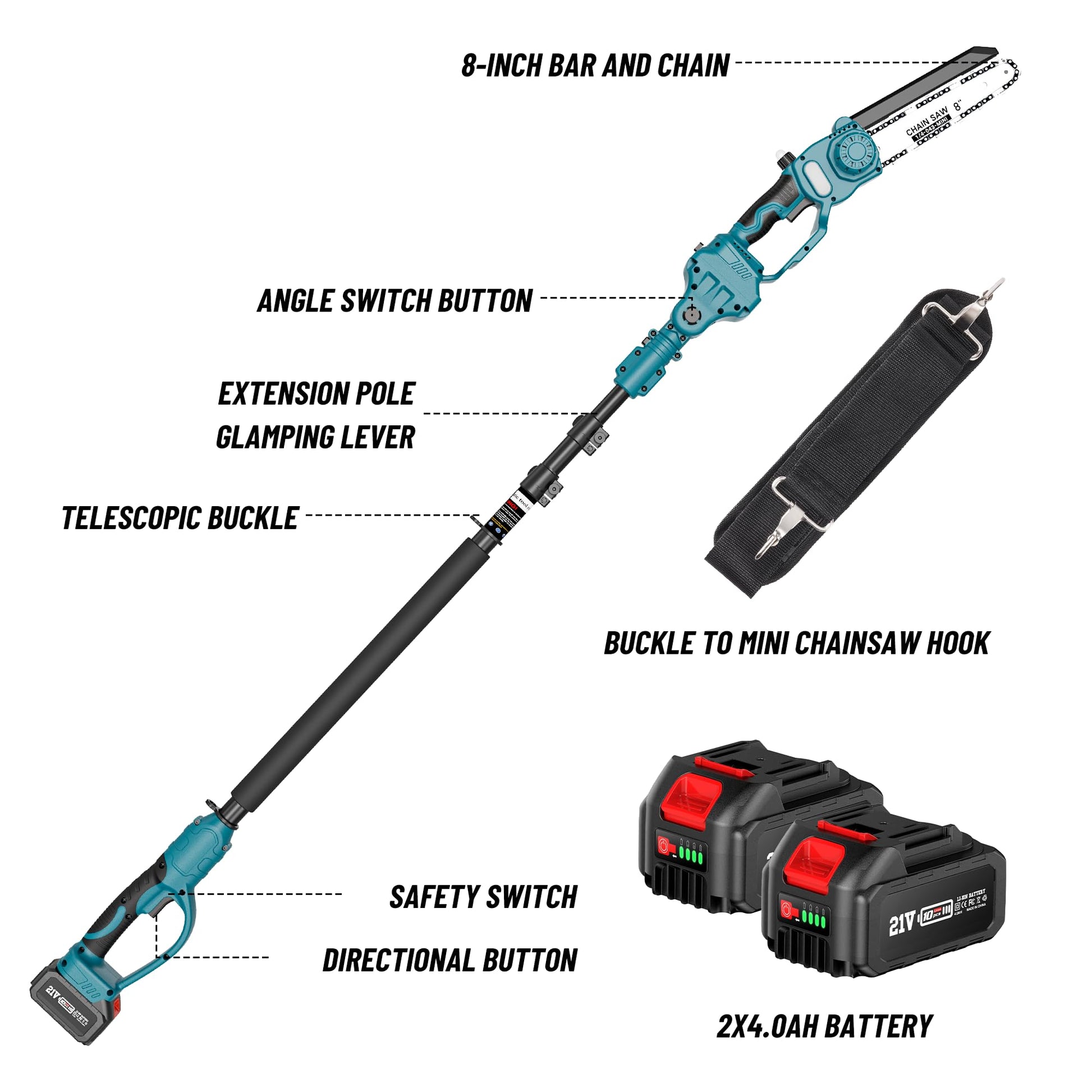 Lightweight battery-powered pole saw extending to trim high branches for efficient yard work.
