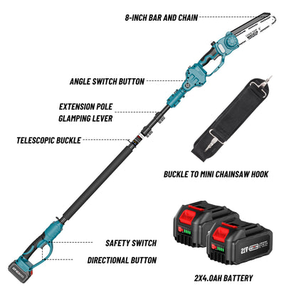 Lightweight battery-powered pole saw extending to trim high branches for efficient yard work.
