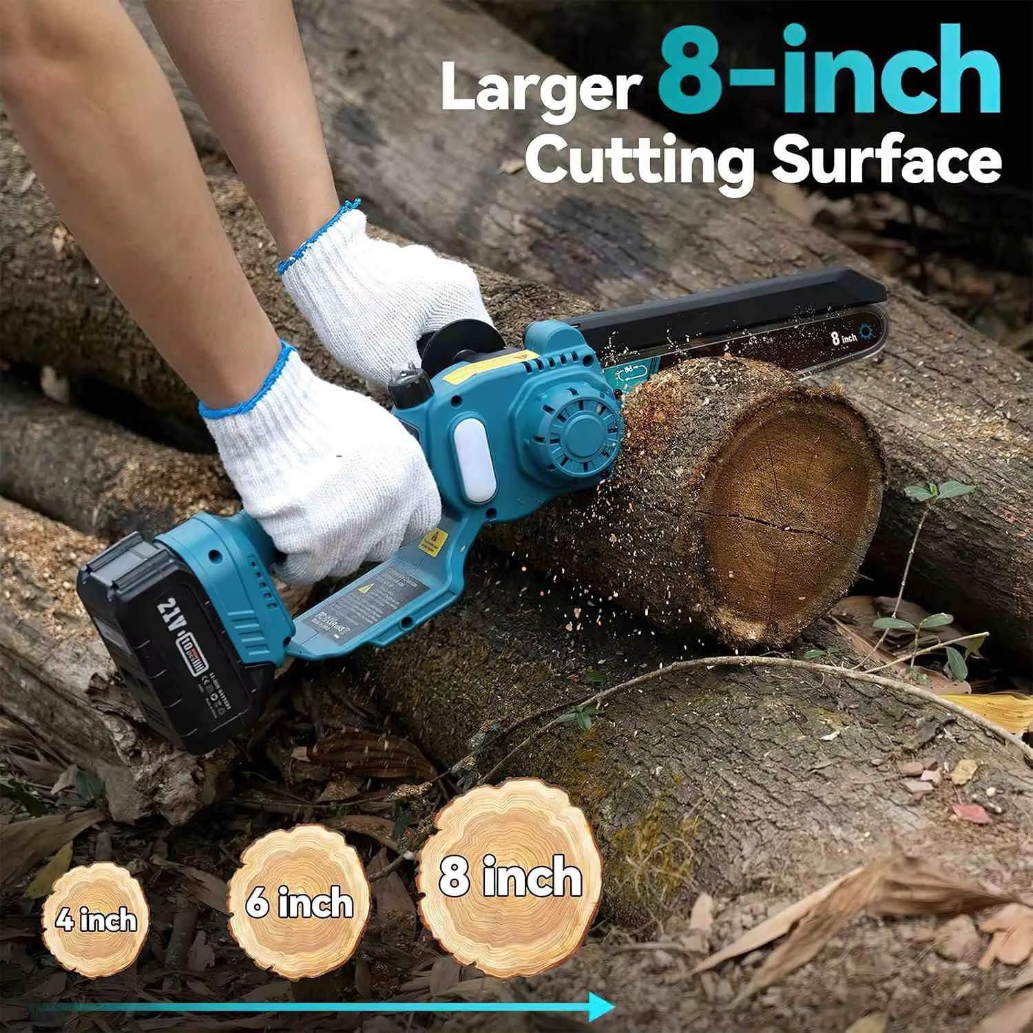 Compact cordless chainsaw attachment ideal for powerful tree pruning and logging.