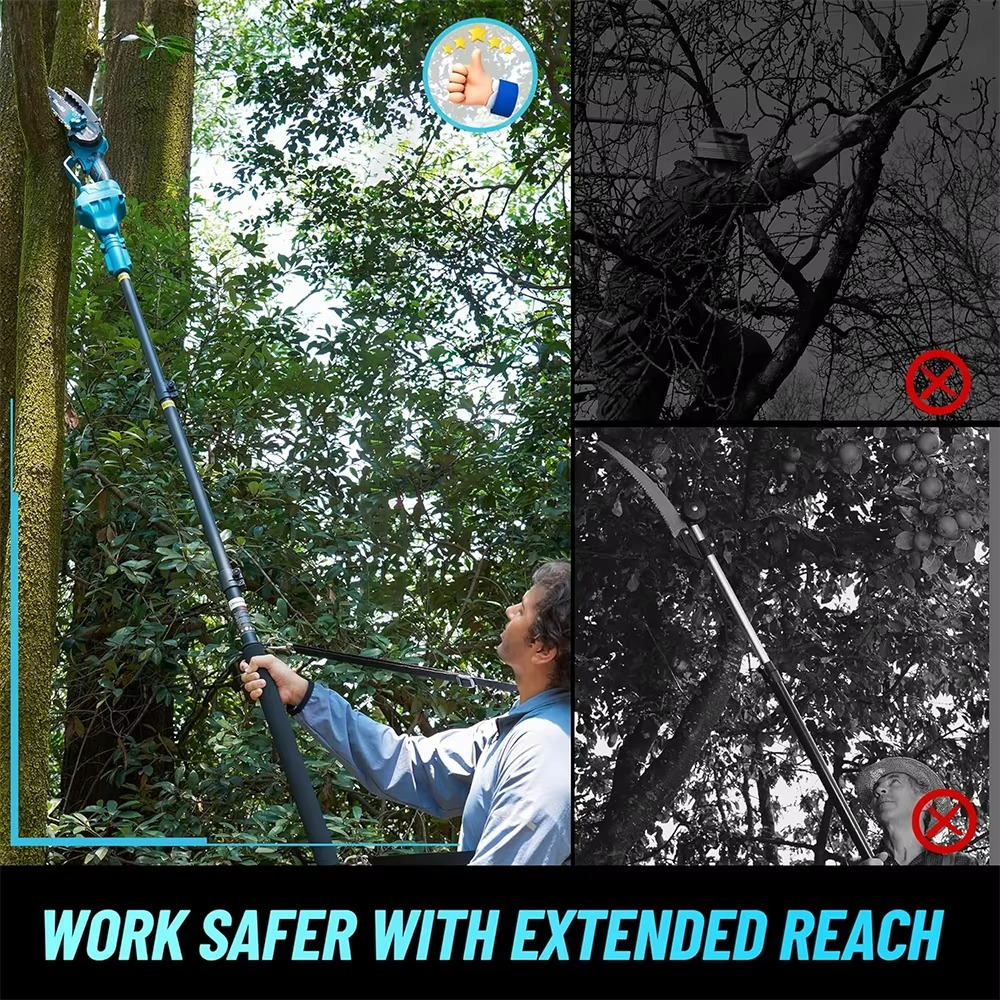 Brushless motor 2-in-1 electric saw for seamless transition between pole and hand-held use.