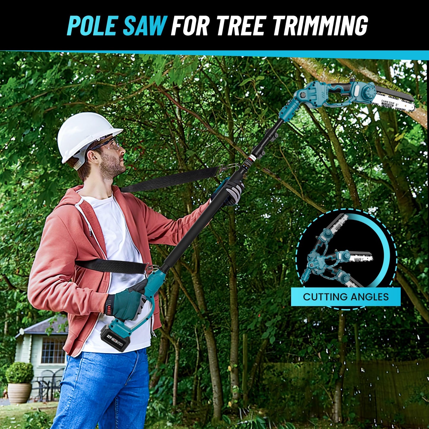 Portable 2-in-1 electric chainsaw and pole saw, designed for easy branch cutting.