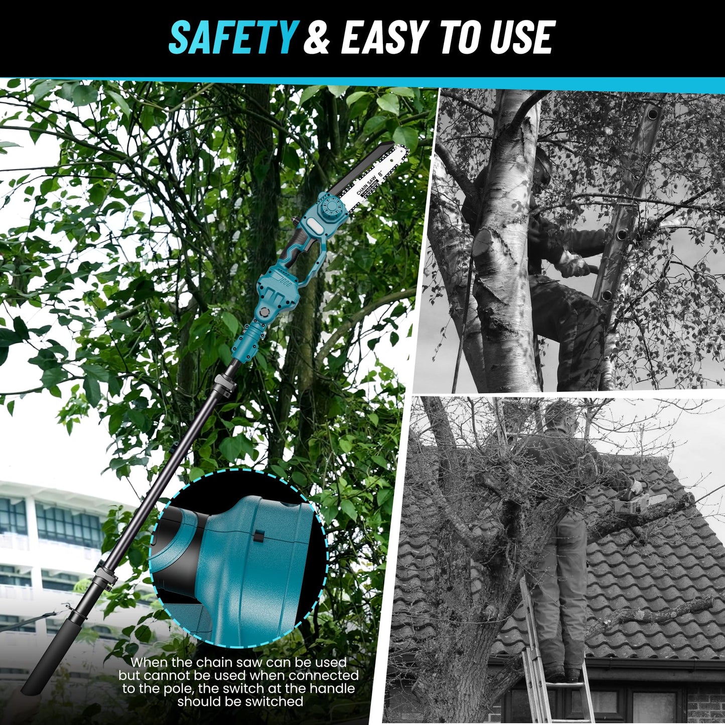 Rechargeable battery-powered pruning tool for effective, quiet tree and shrub maintenance.