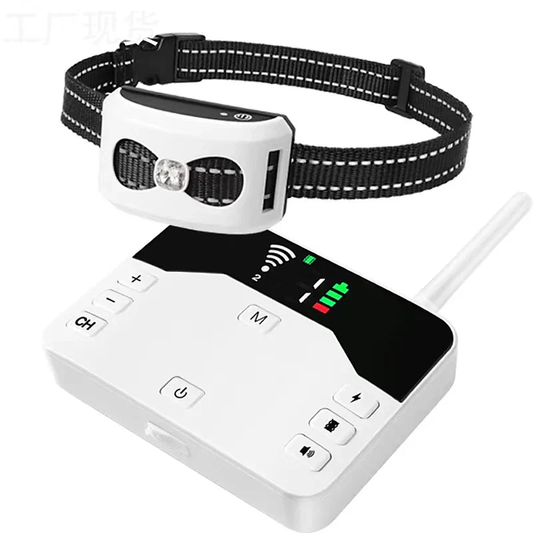 2-in-1 wireless dog fence & outdoor training collar for pet safety with rechargeable anti-bark feature.