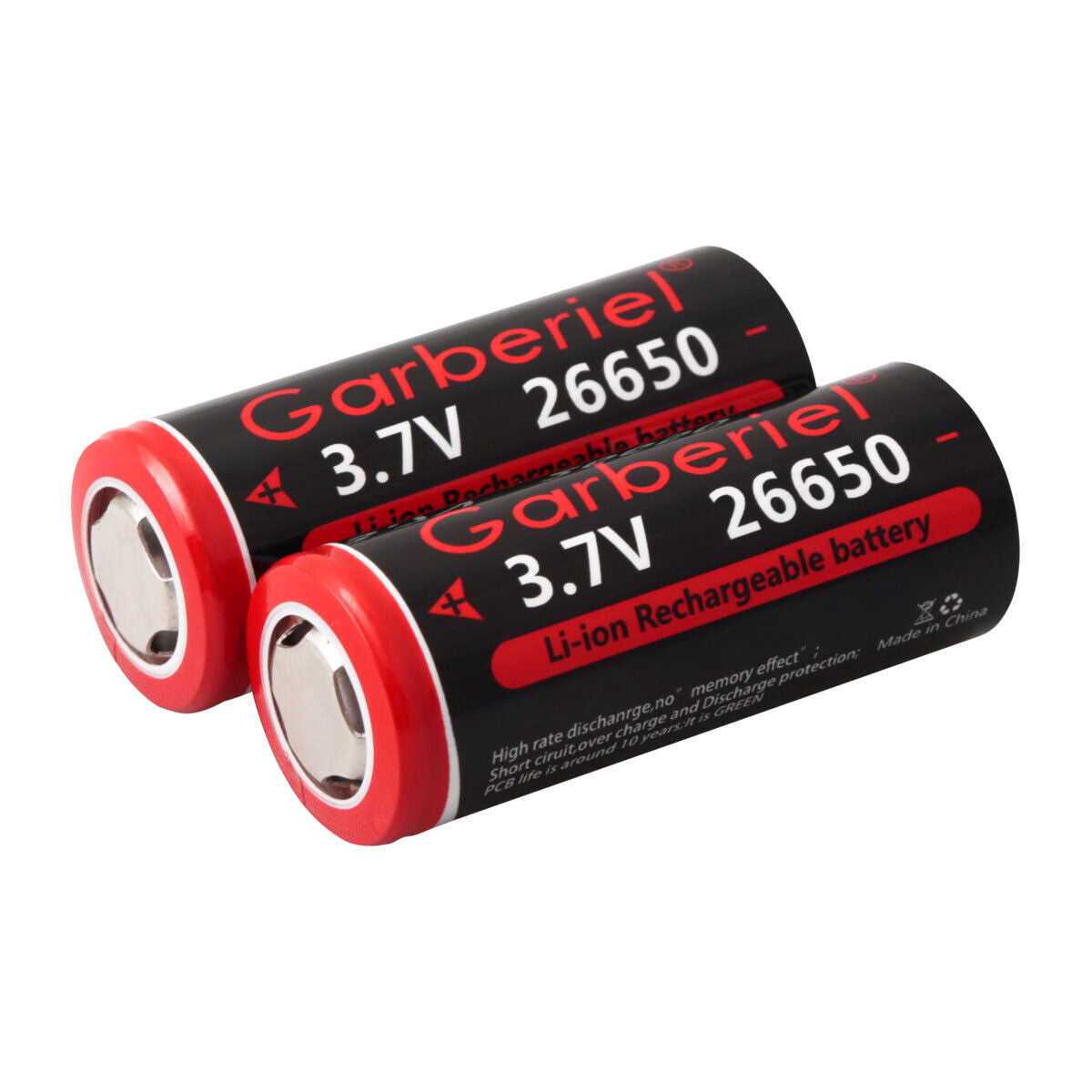 2-pack 26650 Li-ion 3.7V flat top rechargeable batteries for high-drain devices