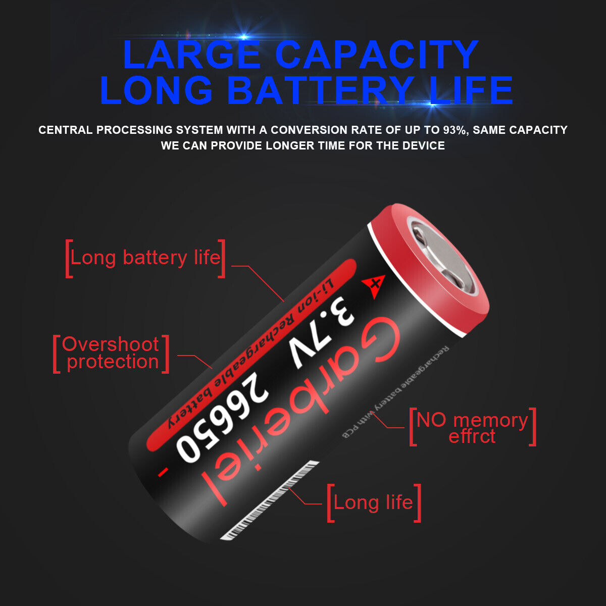 Two 26650 Li-ion 3.7V rechargeable flat top batteries, essential power supply