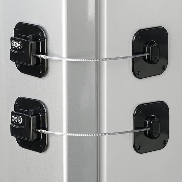 2-pack child safety combination locks for fridge & cabinet. Keyless adhesive child proofing for home security.