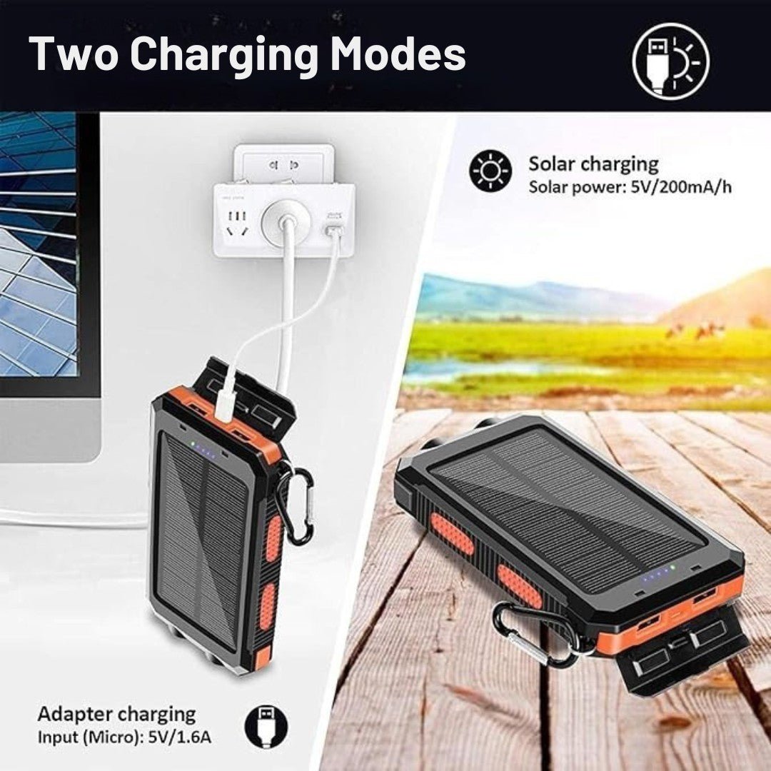 Rugged 20,000mAh solar charger power bank, portable with dual USB output & bright LED light