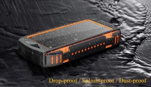 Outdoor gear: high-capacity 20000mAh solar power bank with 10W wireless charging and built-in flashlight.