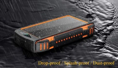 Outdoor gear: high-capacity 20000mAh solar power bank with 10W wireless charging and built-in flashlight.