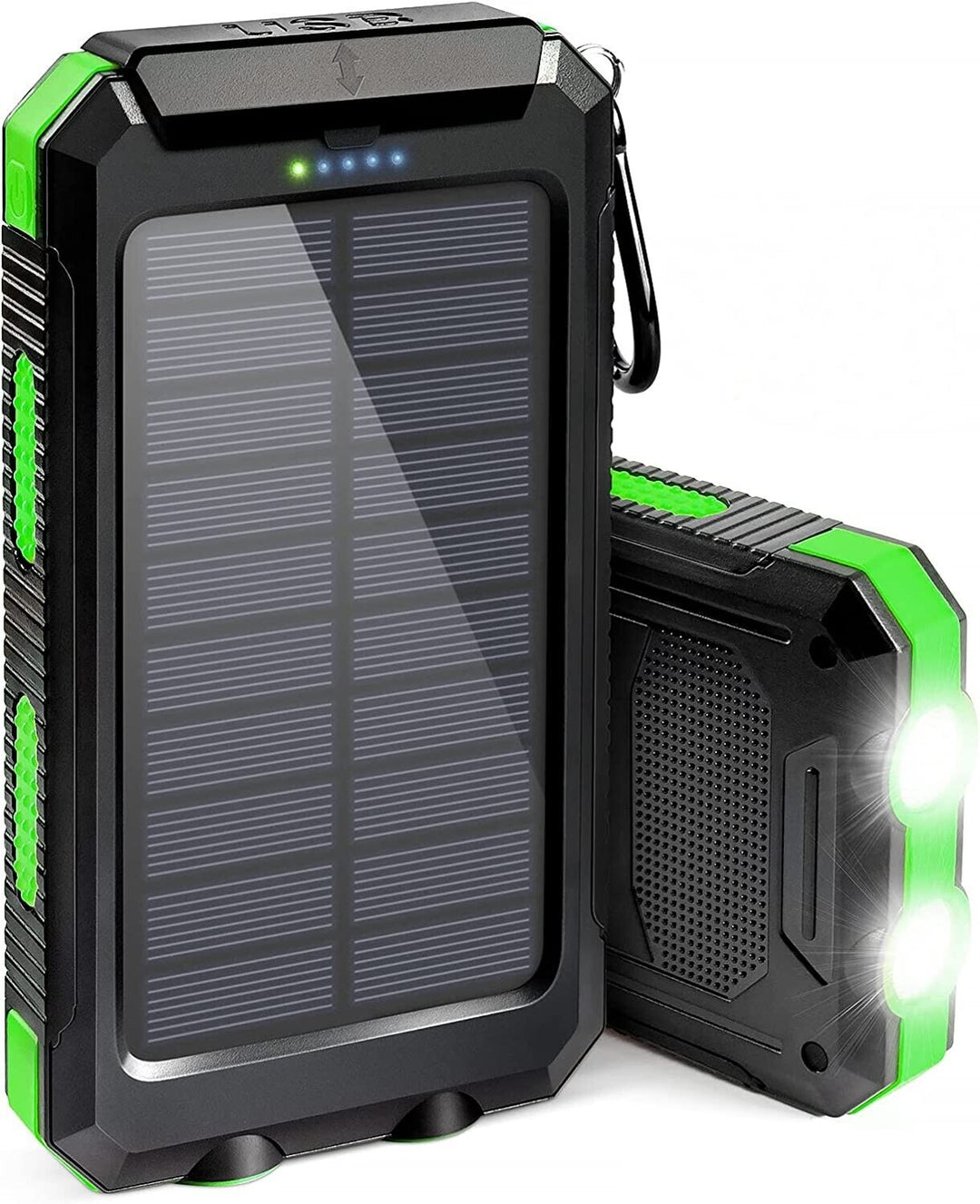 20000mAh solar power bank with dual flashlight for camping and emergency power, black rugged design