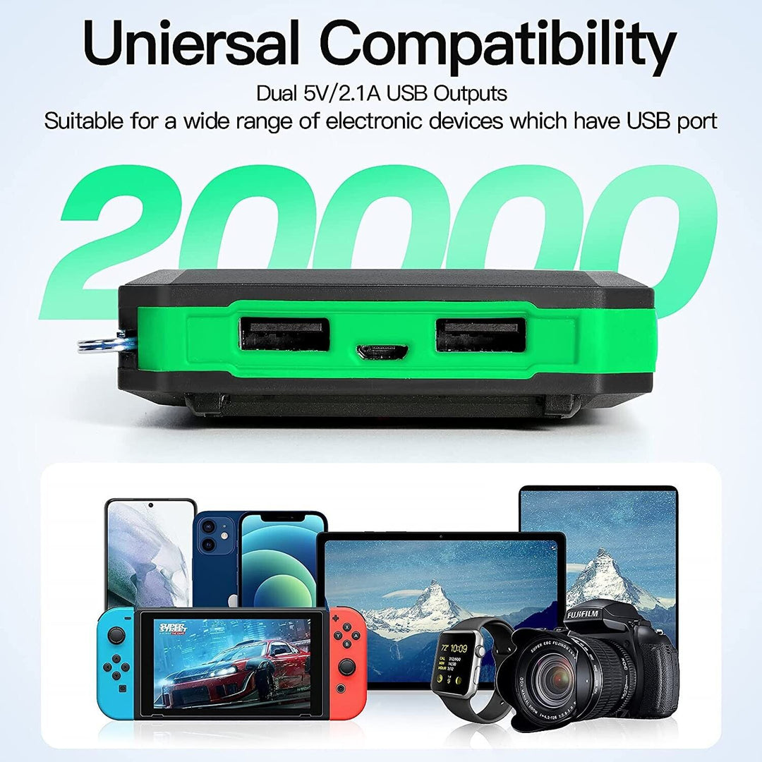 Portable 20000mAh solar charger with bright dual flashlights, ideal outdoor gear for hiking