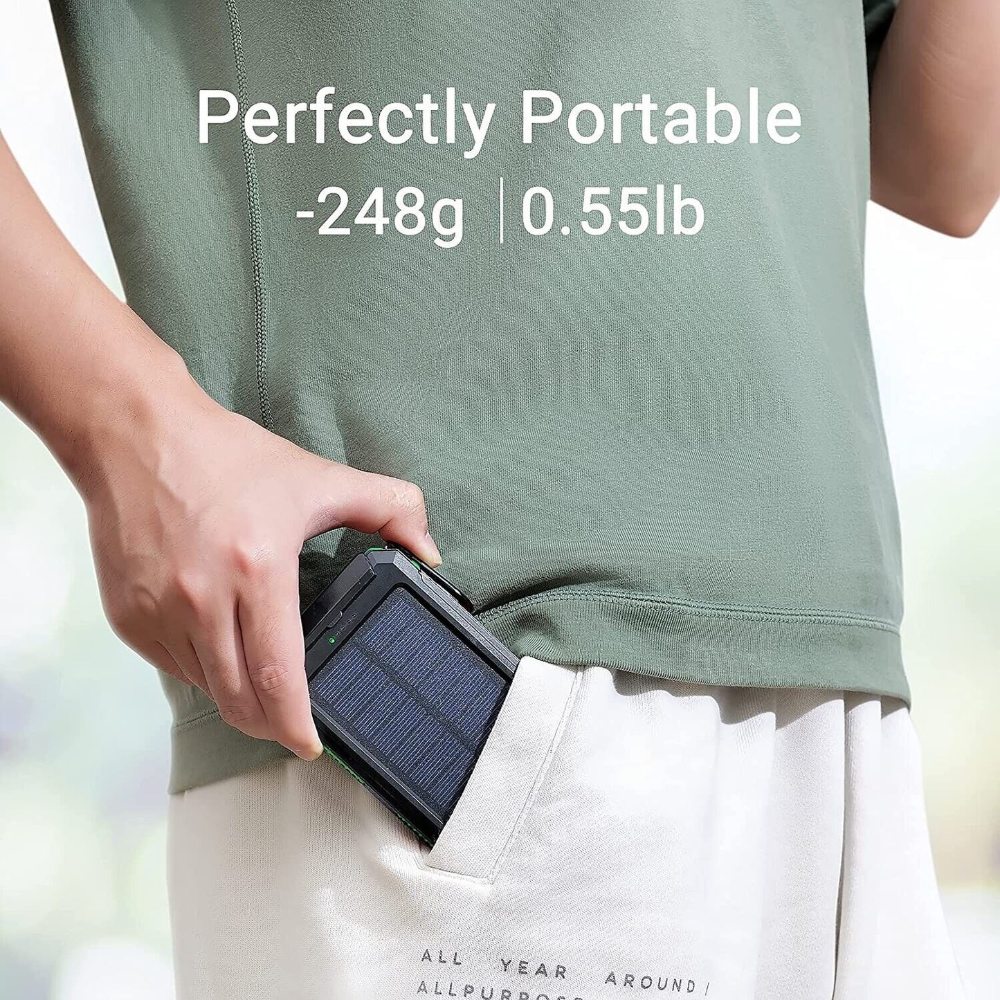 Rugged 20000mAh solar power bank featuring dual LED flashlights, essential for camping trips