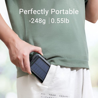 Rugged 20000mAh solar power bank featuring dual LED flashlights, essential for camping trips