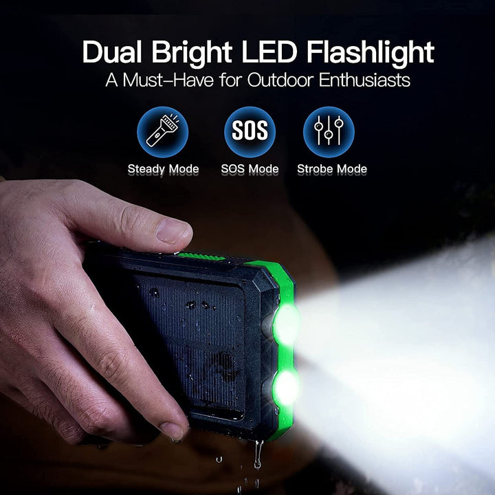 Black 20000mAh solar power bank with dual flashlights, a durable portable charger for emergencies