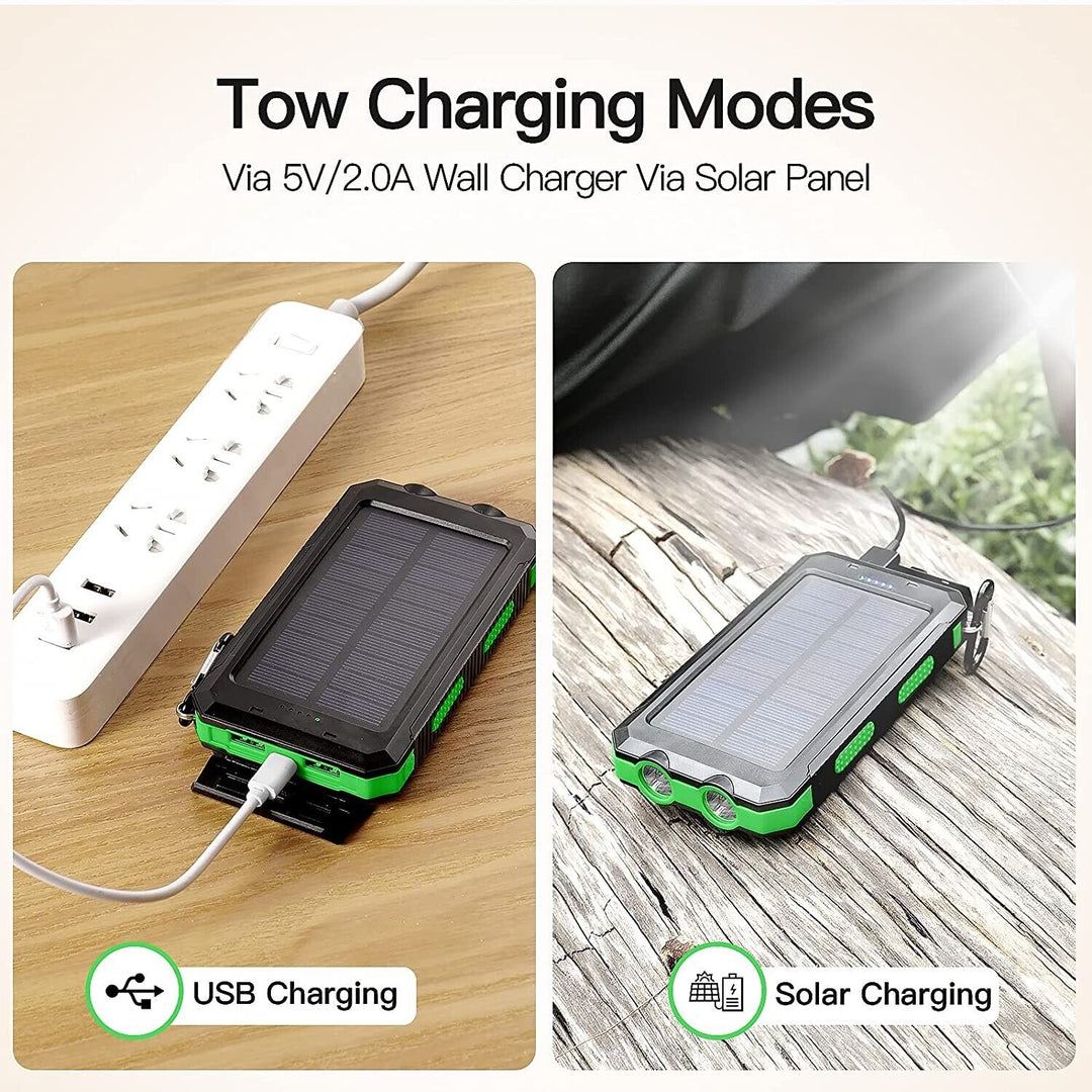 High-capacity 20000mAh solar power bank with dual flashlights, perfect for hikers and campers
