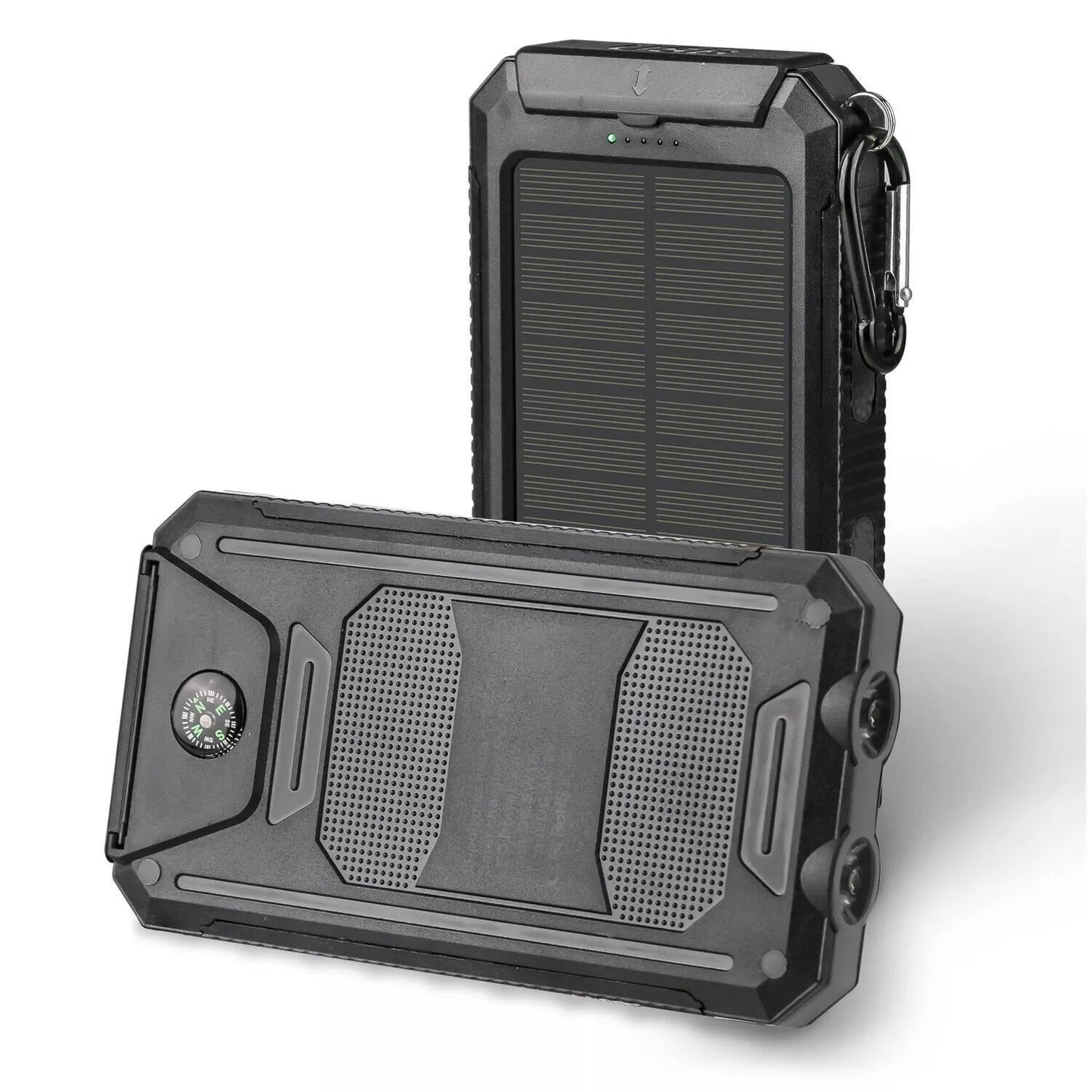 Compact 20000mAh solar power bank with strong dual flashlights, a must-have for adventurers